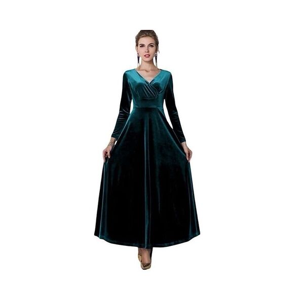 Urban Coco Size M Long Sleeve V-Neck Maxi Dress Emerald Green Velvet Formal NWT - Picture 1 of 15